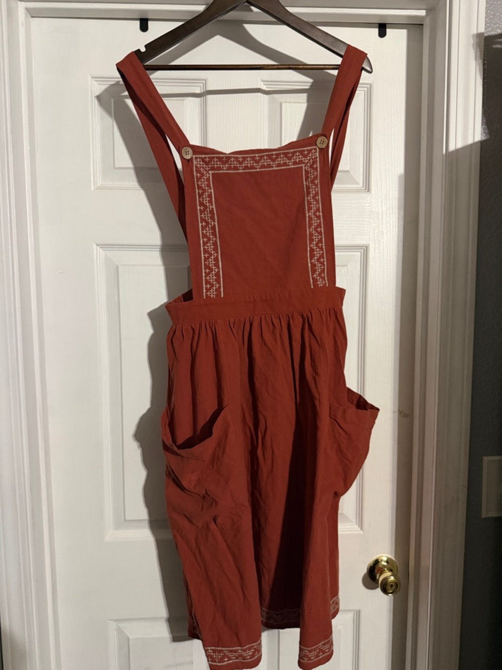 Polagram Rust Red Embroidered Midi Pinafore Dress